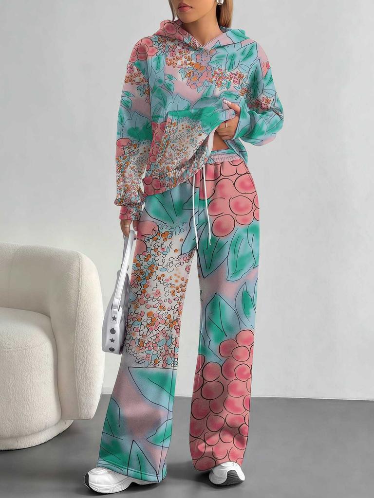 European, American Autumn And Winter Casual Retro Flower Long-Sleeved Suit Women'S Hooded Sweater Trousers Two-Piece Set
