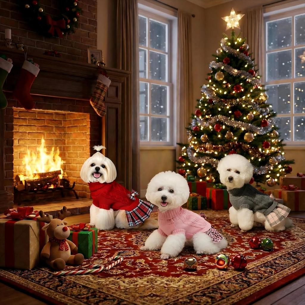 WOYYHO Small Dog Sweater Dress with Bowtie Dogs Clothes Sweater Pleated Skirt with Leash Hole Puppy Winter Outfit Dog Pullover Knitwear Puppy