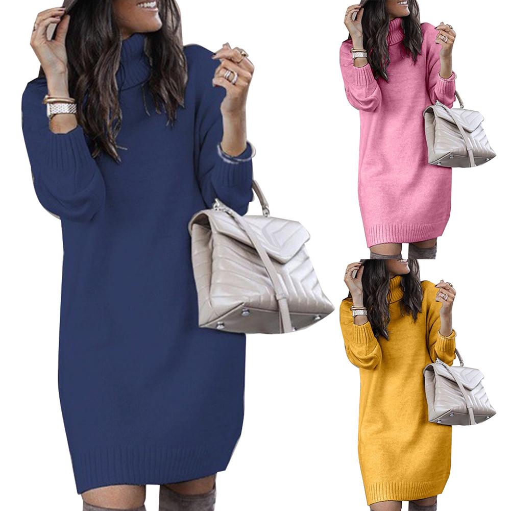 Women Winter Loose Dress Knee-length Dress Women Long Sleeve Autumn Turtleneck Warm Knitted Sweater Knee-length Dress