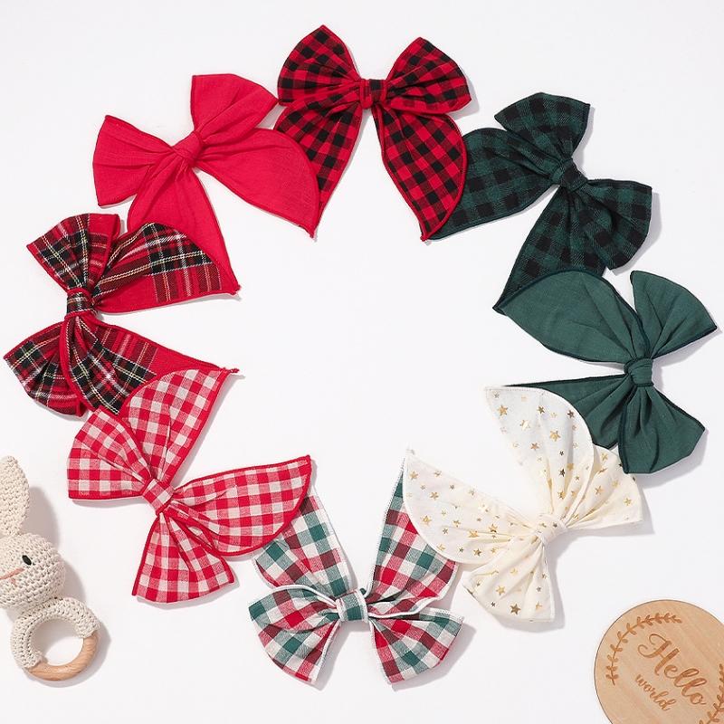 Girls Bow Hair Clips for Christmas Hair Accessories Kids Side Clip Plaid Print Sailor Bows Cotton Hairpin Barrettes Child Headwear