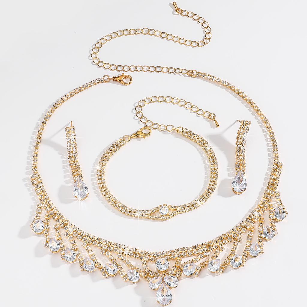 Bridal Jewelry Zircon Sparkling Rhinestone Necklace Earrings Set Fashion Bracelet Earrings Three-Piece Set Women