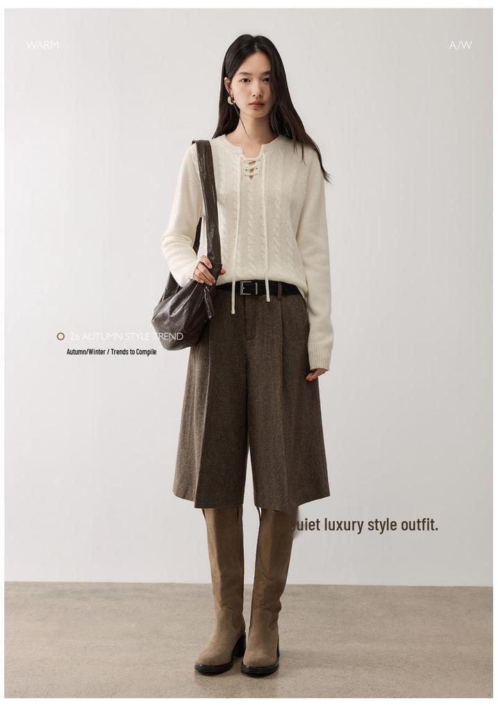 Lekasha Women's Cashmere Cable Knit Base Layer - Autumn/Winter, Seven-Gauge, Lace-Up, Loose Fit, Thick Round Neck.