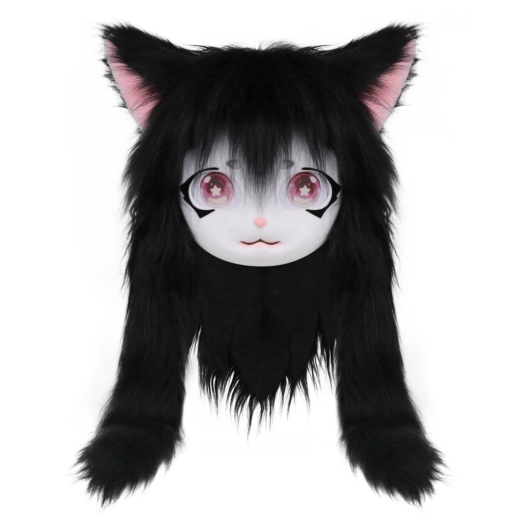 Cute Plush Furry Full Head Cat Mask Long Fur Big Heart Shaped Eyes Cosplay Costume Prop For Carnival Party Anime Role Play Coser