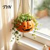 Durable Resin Planter Pumpkin Shaped Hanging Plant Pot, 4.3 Inch Lightweight Flower Adjustable Modern Aesthetic Room Accents Rope Mini Pots for Indoor