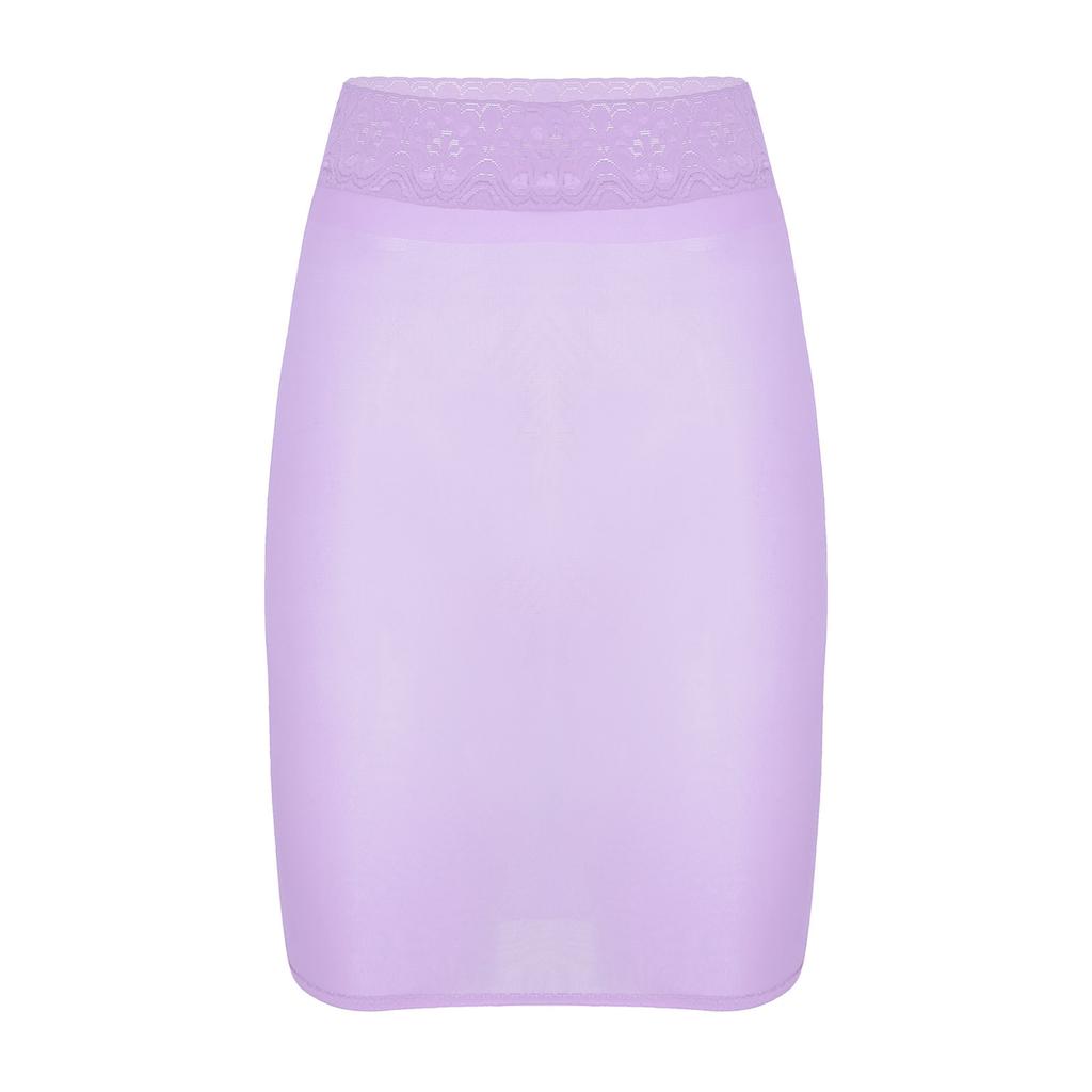 Womens High Waist Lace Patchwork Pencil Skirt Glossy Stretchy Fabric Semi Sheer Bodycon Skirt