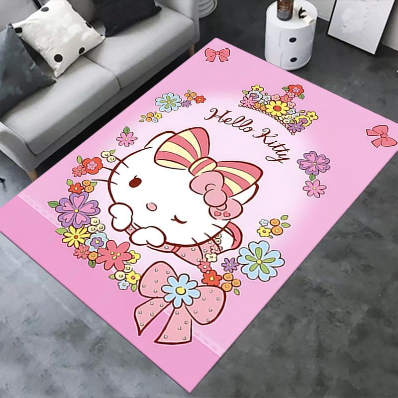 Office Rug Hello Kitty, Floral Crown Anti-Slip Rug, Machine Washable for Living Room, Bedroom, Office, Multiple Sizes, Bedroom Mat, Decorative Mat, Du