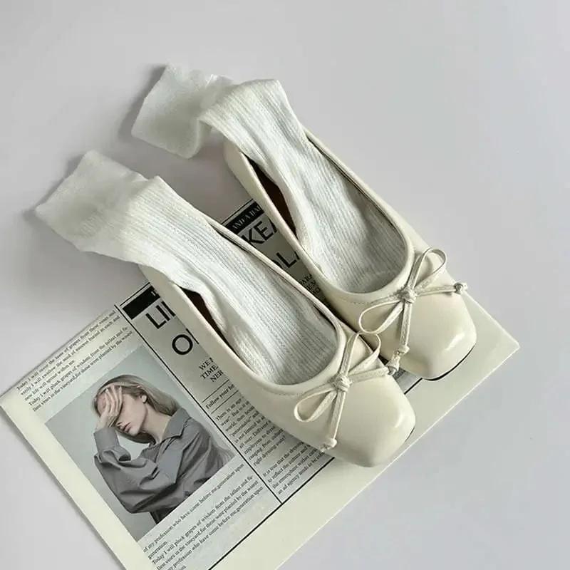 Silver Ballet Flats Women's Spring New Butterfly Knot Slip-On Shoes Round Toe Rubber Bottom Simple Style Casual Loafers