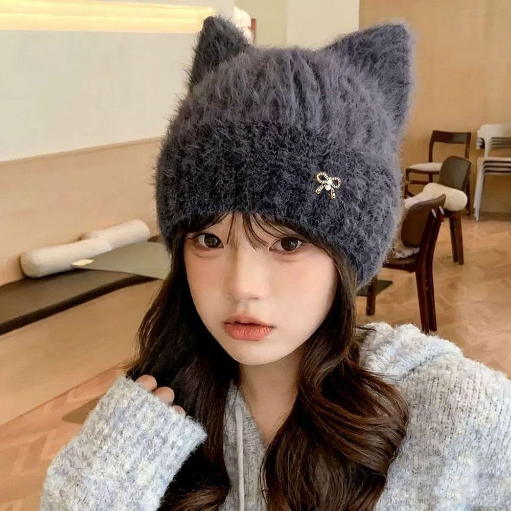 Cat Ear Shape Cat Ear Beanie Knitted Yarn Knitted Cat Hat New Knit Beanie Women's Winter Hat