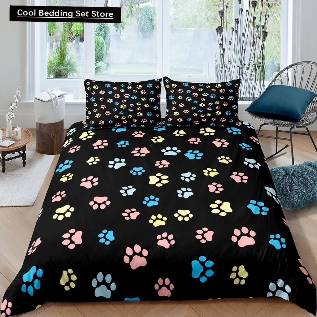 Svart Hundtass Kung Drottning Påslakan Valptassar Sängkläder Set Katt tass Rött Hjärta Kärlek Påslakan Mikrofiber Täckeöverdrag