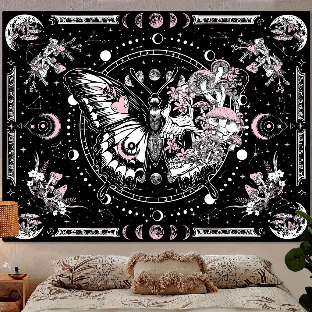 VIKAMA Gothic Bohemian Tapestries With Pink Skulls And Black Butterflies Paired With Mushroom Designs And Dark Floral Wall Decor