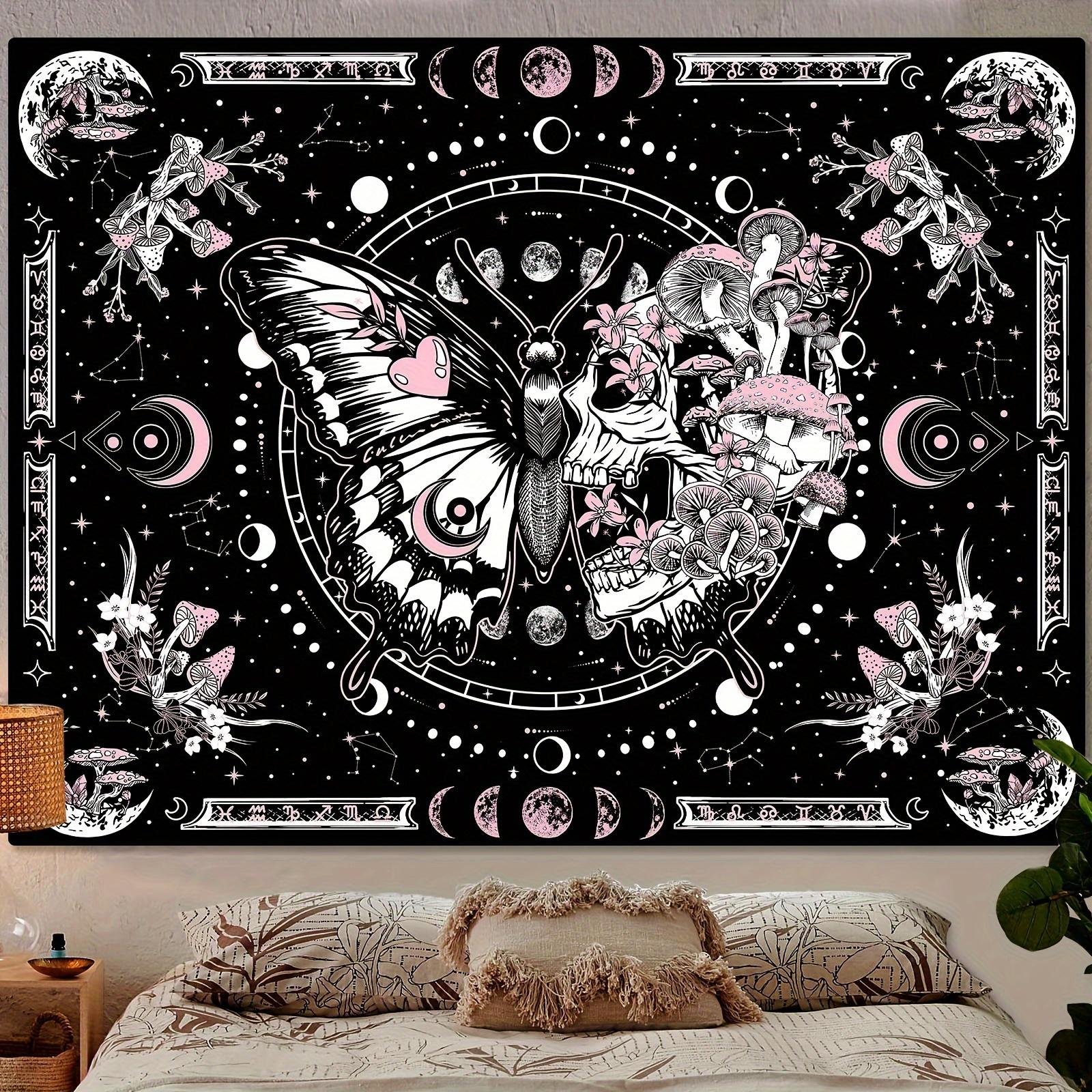 

VIKAMA Gothic Bohemian Tapestries With Pink Skulls And Black Butterflies Paired With Mushroom Designs And Dark Floral Wall Decor 74x94cm(29x37in)