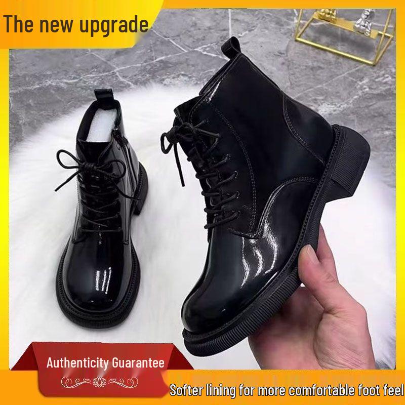 Women's 2025 Autumn/Winter British Style Fleece-lined Patent Leather Ankle Boots with Mango Toe