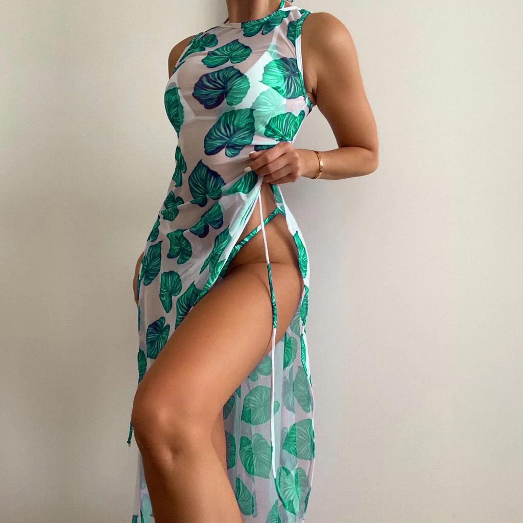 Maillot de bain femme fendu trois points cordon de serrage couleur unie maille trois pièces maille Bikini ensembles