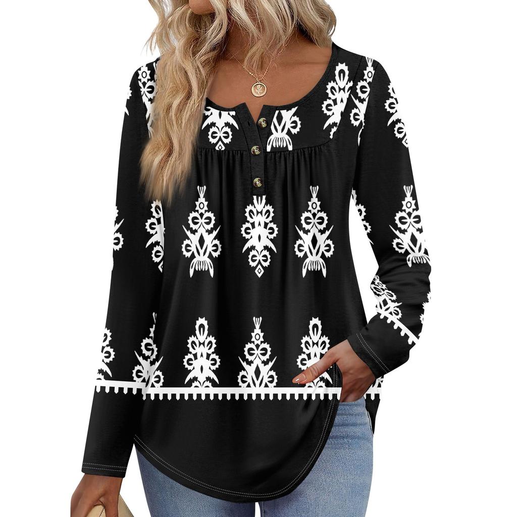 Women's Long Sleeve Tunic Loose Tops Casual Oversized Tops Pleated Tunic Button Down Casual Women's Print Tops
