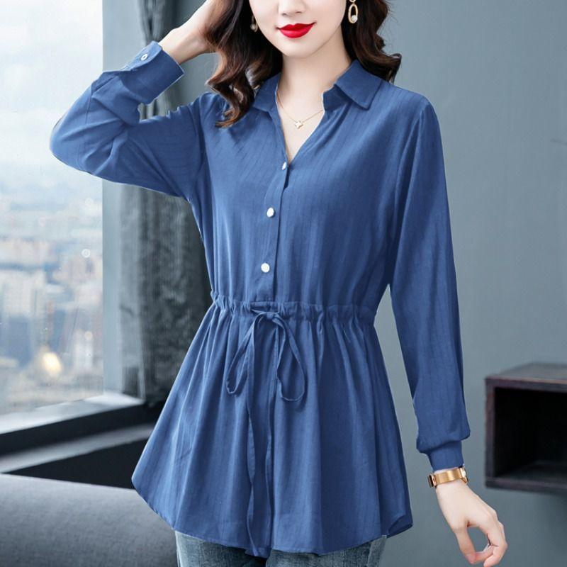Stylish Slimming Chiffon Blouse Women's Waist-Fitted Top Belly-Covering Slim Fit Shirt Spring