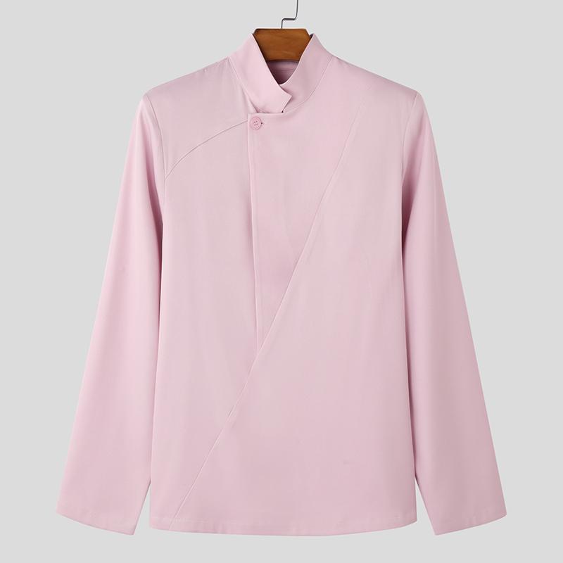 

INCERUN Мужские весенние рубашки с воротником-стойкой и длинным рукавом на одной пуговице 5XL розовый