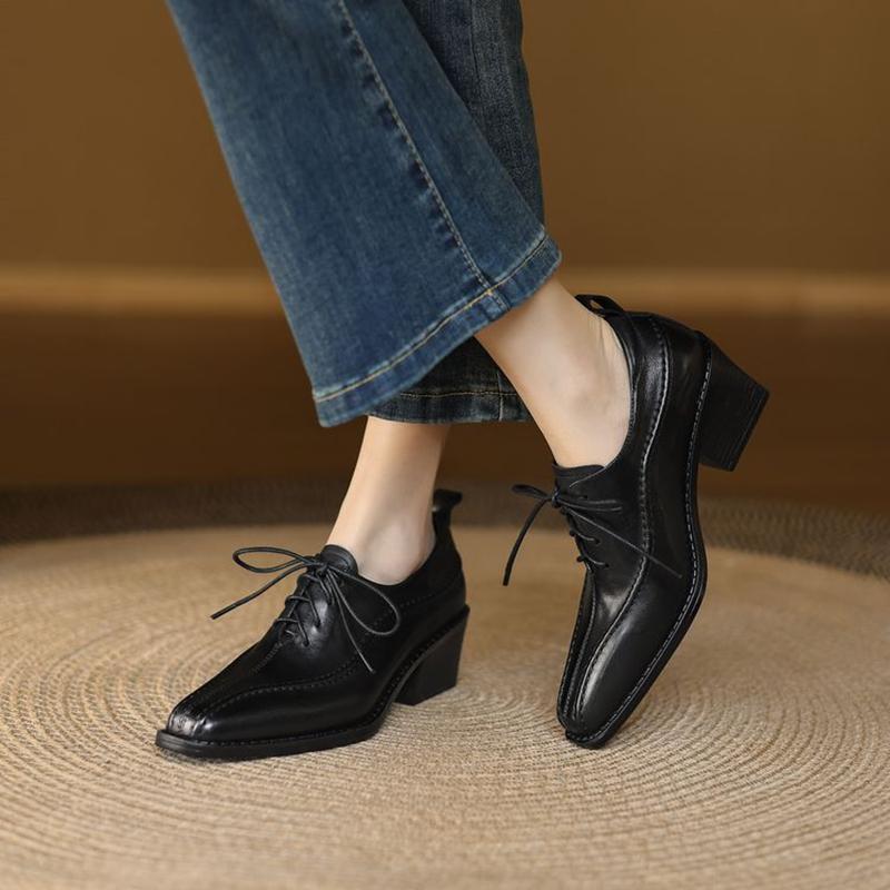 Fashion NEW Spring/Autumn Women Pumps Square ToeChunky Heel Shoes Concise GenuineLeather Shoes for Women Sewing Lace-up Handmade Shoes