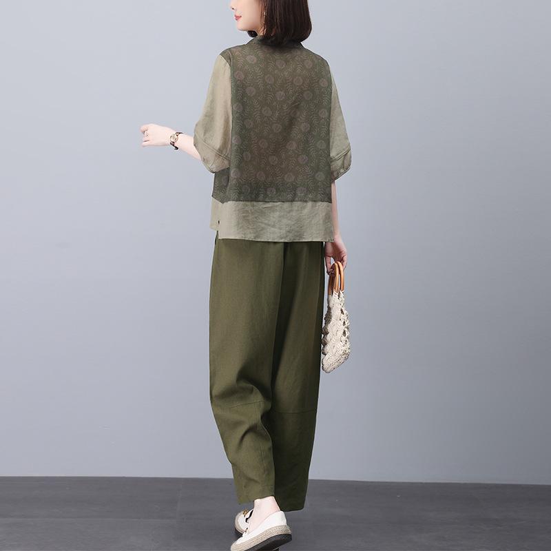 Dámský letní lněný ležérní oblek 2024: Módní bavlněno-lněný dvoudílný set pro ženy středního věku, plus size, drobné maminky