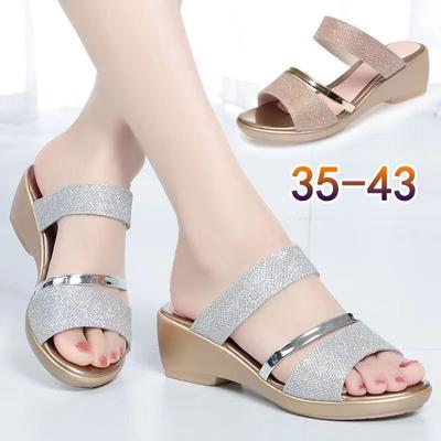 Summer Fashionable Women's Slippers, Medium Heel Sandals, Open Toe Sandals, Wedge Heel, Large Size Women's Shoes, Comfortable Slippers