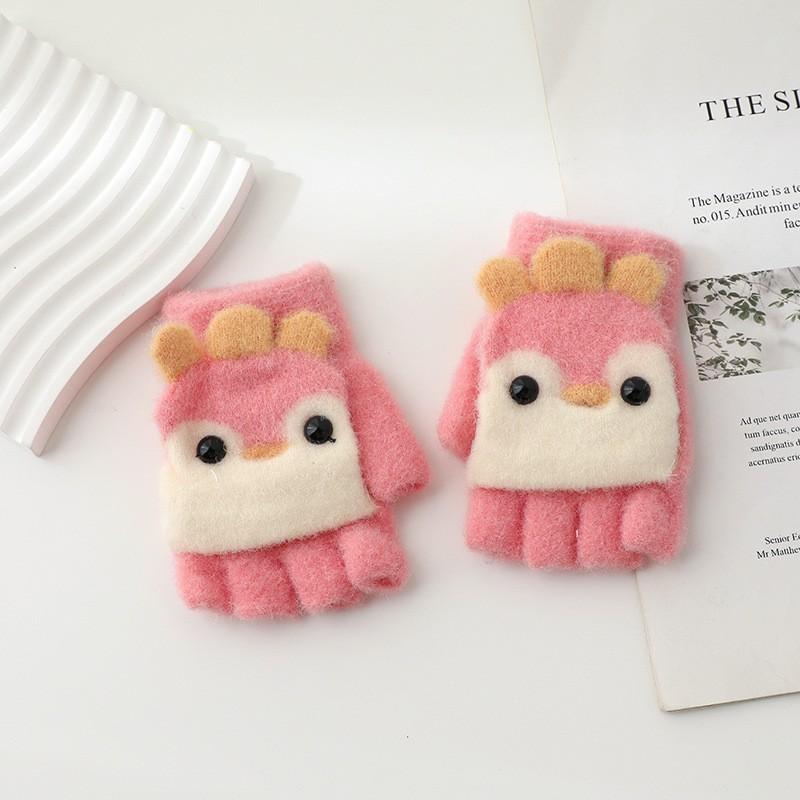Half finger flip gloves children boys and girls cute cartoon plush warm and cold gloves children's gloves winter
