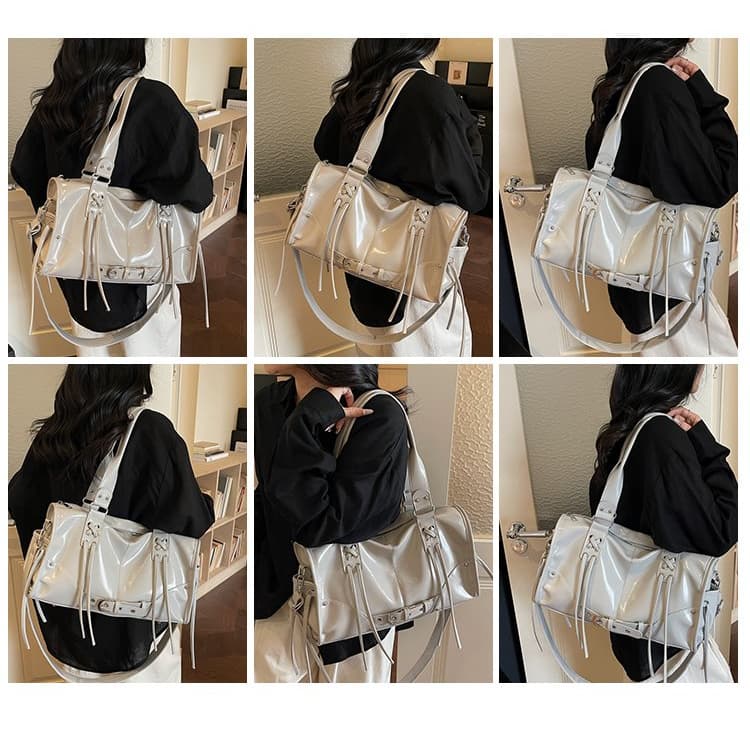 Bolsa tote feminina brilhante com cordão e franjas, bolsa de ombro