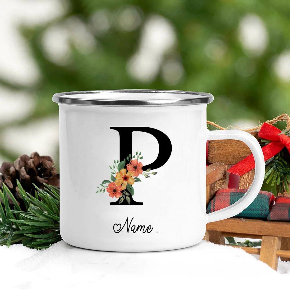 Personalisierte Namens Emailletasse Benutzerdefinierte Blume Buchstabe Alphabet Tasse Camping Henkel Kaffee Tee Milch Tassen Festliche Geburtstagsgeschenke