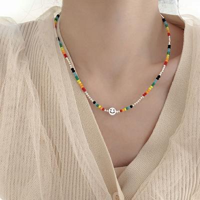Colorful Beaded Smiling Face Necklace for Women with Stacked Collarbone Chains New Style Trendy and Simple