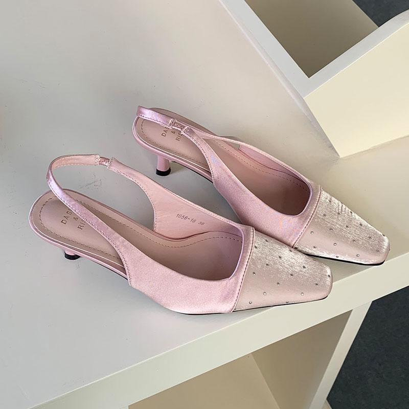 Fashion Fashion Metal Rivet Pumps Women Medium Heels Shoes Female Slingbacks Square Toe Footwear Shallow Ladies Heels Sandals Shoes