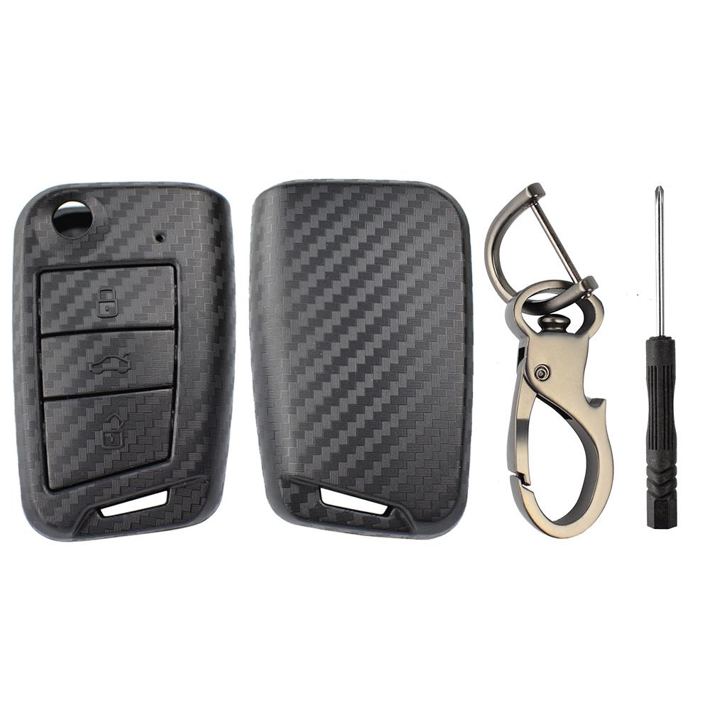 Kolfiberstil Fjärrnyckelskal Fodral Fob-skydd för VW Polo Golf 7 Tiguan Skoda Octavia Fabia Kodiaq Seat Nyckelring Nyckelring