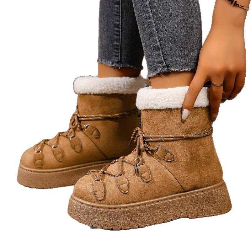 Women's Plus Size Lace Up Platform Snow Boots Winter New Short Ankle Warm Fleece Lined Cotton Boots