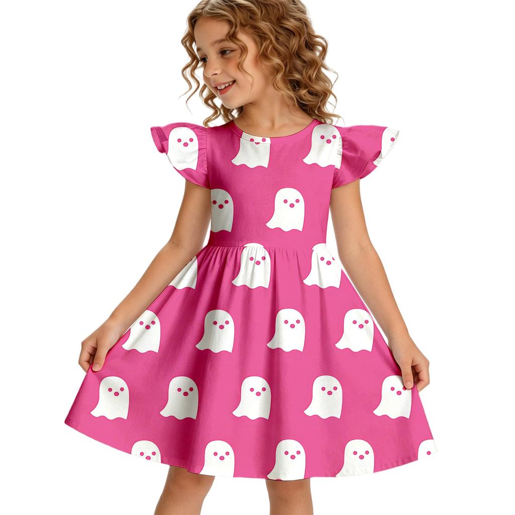 Girls Halloween Casual Dress Ruffle Sleeve Pumpkin Print Round Neck Cotton Dress for Kids Comfortable Fit Toddler Party Dress