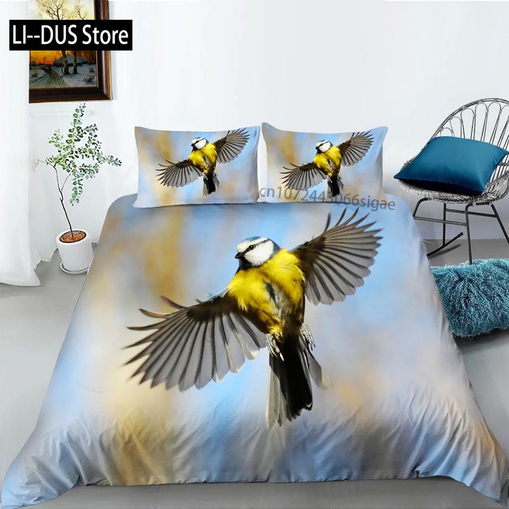 Kolibri påslakan Set King/Queen Storlek Liten Och Söt Tropisk Fågel Gul Blomma Gröna Blad Sängkläder Set Kvinnor