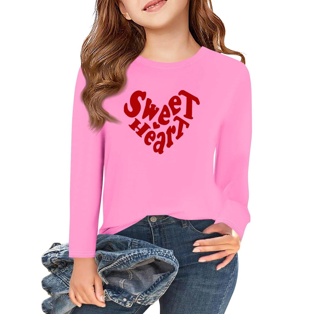 Långärmade T-shirts för flickor med kärlek och alla hjärtans dag-motiv, hösttoppar, rund hals, enkla T-shirts för barn, 5-14 år
