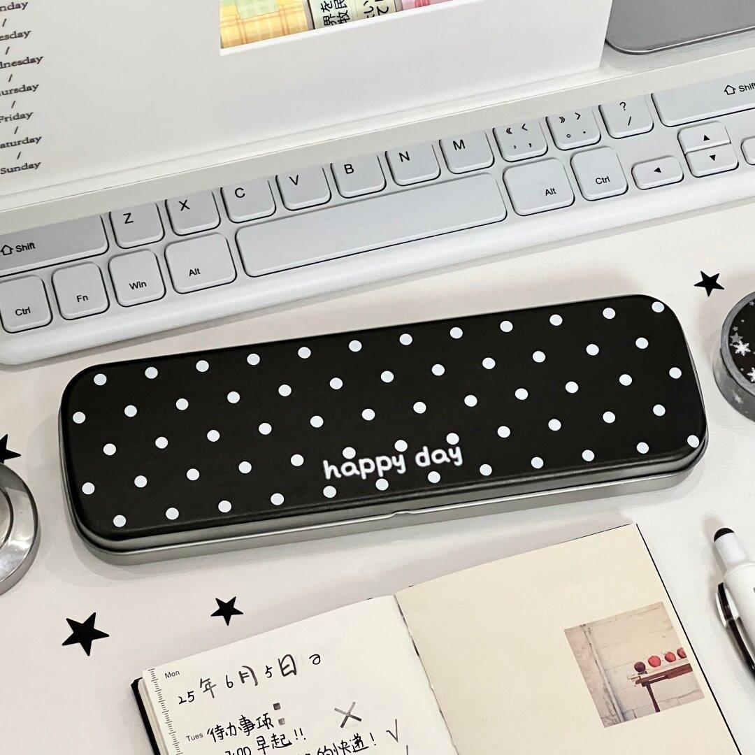 

Wave Point Iron Box Student Hand Account Tape Stationery Storage Box High-value Metal Clamshell Pencil Case Ins Wind