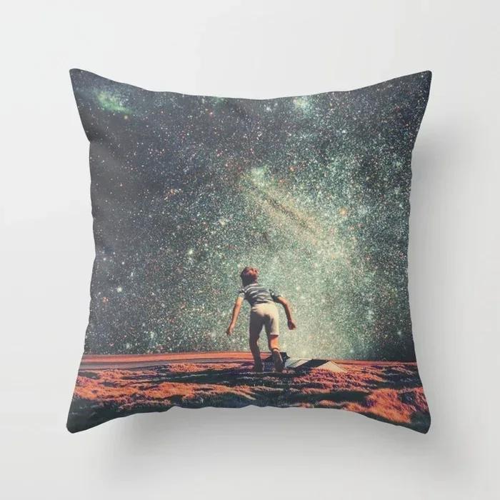 Polyester Romantic Starry Sky Moon Decorative Throw Pillow Case Space Cushion Cover For Home Sofa Bedroom Decoration 45X45Cm