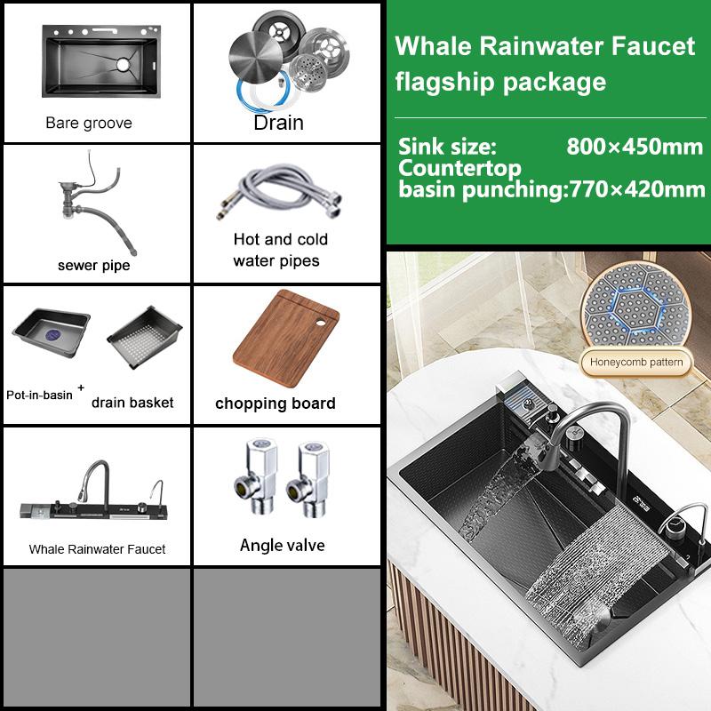 Edelstahl-Wasserfall-Küchenspüle, großes Einzelfach, integriertes Digitaldisplay, Wasserhahn-Set, multifunktionales Waschbecken