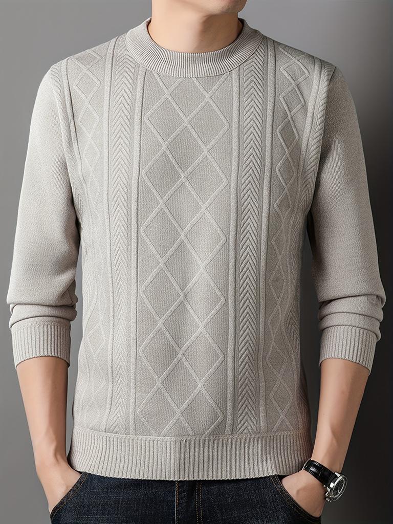 Pánský jednobarevný pletený pulovr, ležérní svetr s dlouhým rukávem, kulatým výstřihem a copánkovým vzorem na podzim a zimu