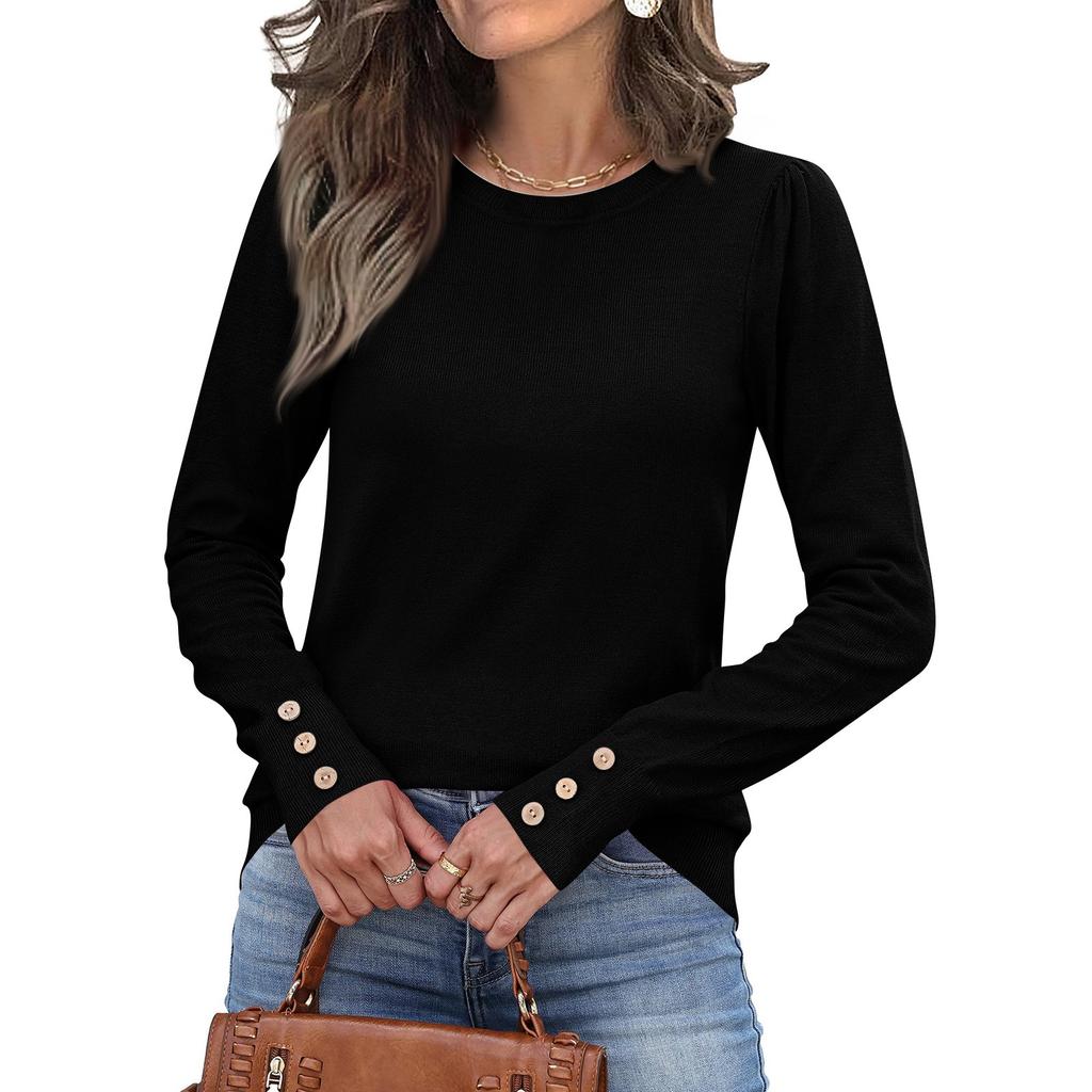 Womens Fashion Long Sleeve Button Cuff Soft Knit Pullover Trendy Tops Solid Color