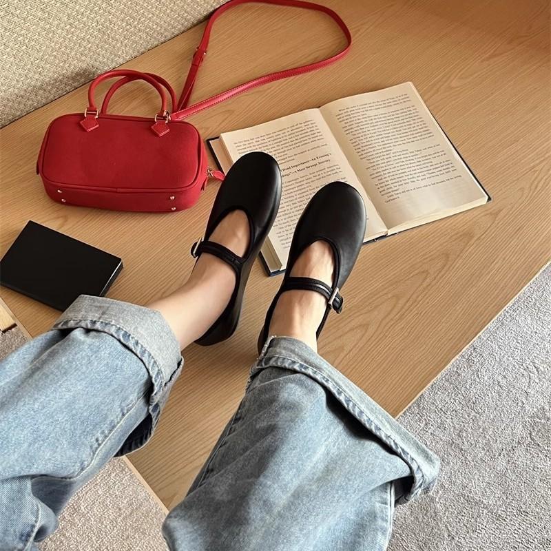 2025 Spring and Autumn New One-word Belt Mary Jane Single Shoes Women's Shallow Mouth Ballet Shoes Flat Red Small Leather Shoes