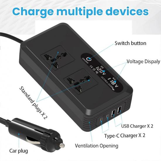 200W Car Inverter DC 12V To AC 220V 230V Transformer Convert Type-C USB Fast Charging EU Socket Car Inverter Power Adapter
