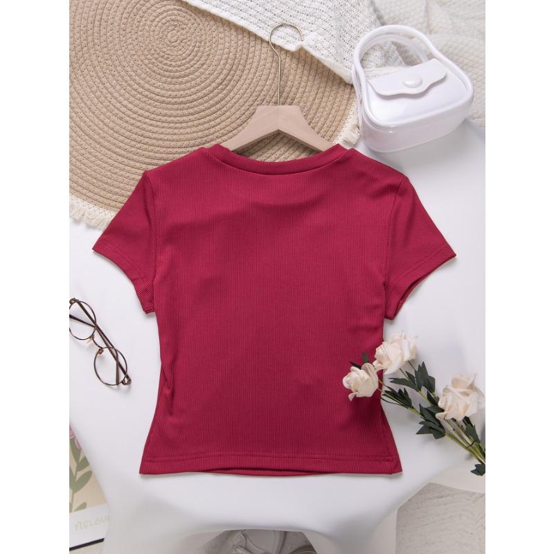 Women's Bow Decorated Pit Strip Round Neck Short-sleeved T-shirt