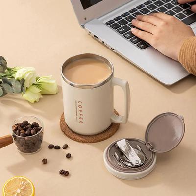 WORTHBUY 480ML Kaffeetassen mit Strohhalm&Löffel 304 Edelstahl Wiederverwendbar Tragbar Auslaufsicher Kaffee Milchbecher Trinkbecher