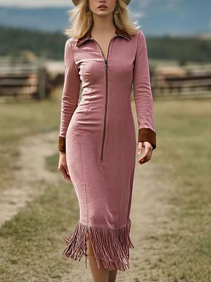 New Women's Fashion Western Cowboy Style Faux Suede Fringe Slim Fit Long Sleeve Dress for Women