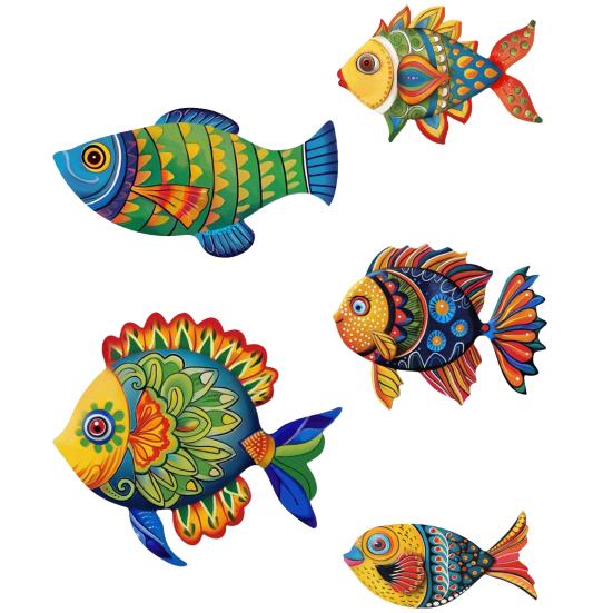 5Pcs Wooden Fish Nautical Coastal Wall Sculpture Wall Decor Beach Theme Fish Lake