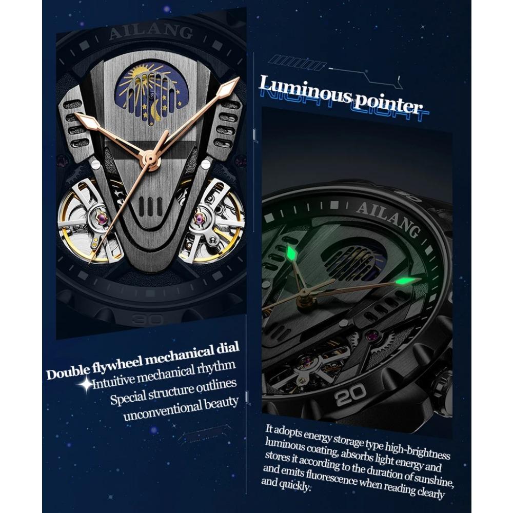 Fase Lunare Impermeabile 3Bar Automatico Logo Personalizzato 2026 Ultimo Best Seller Doppio Tourbillon Orologio Meccanico Moda Sportivo