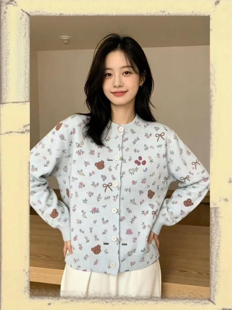 Women's Cherry Bear Print Knit Cardigan - Autumn/Winter Round Neck Long Sleeve Sweater