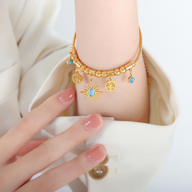 Fashion Commuting Jewelry Set: Little Sun Tree Pendant, Turquoise Design Bracelet & Necklace In Titanium Steel