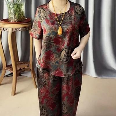 Ensemble deux pièces estival à imprimé rétro, mode, ample, amincissant, pour mère d'âge moyen et âgée
