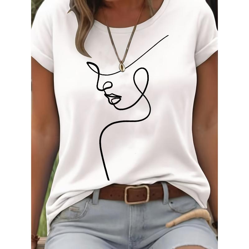 Minimalist line face printing T-shirt loose short sleeve light familiar temperament wind ladies casual shirt S