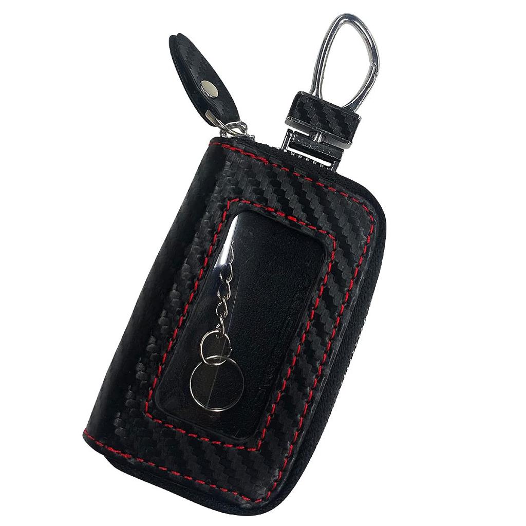 AWESOME Smart Key Case with Clear Window, Carbon Style Series, Black (Red Stitch)